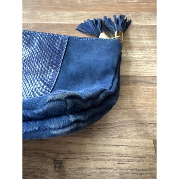 Women's Ann Taylor Navy Blue Suede Double Pouch Tassel Charm Clutch Purse Glam - Picture 4 of 6